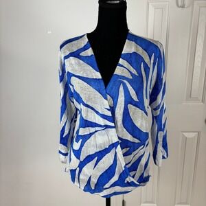 NIC+ZOE Meadow Mix 4-way Blue White Abstract Print Linen Blend Cardigan Size L